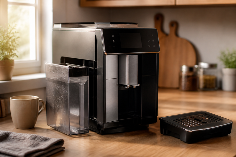 Home coffee machine on a kitchen counter with water tank and drip tray ready for troubleshooting