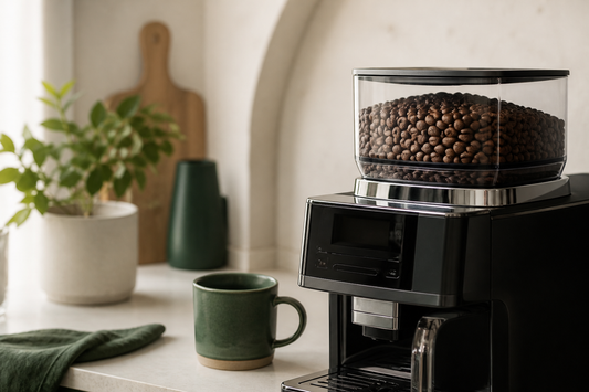 Bean-to-cup machine hopper filled with medium-roast whole beans