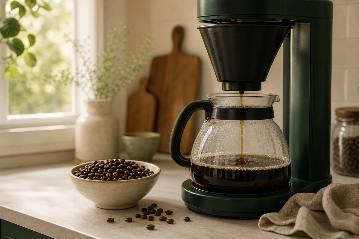 Drip coffee maker filling a glass carafe beside a bowl of medium roast beans