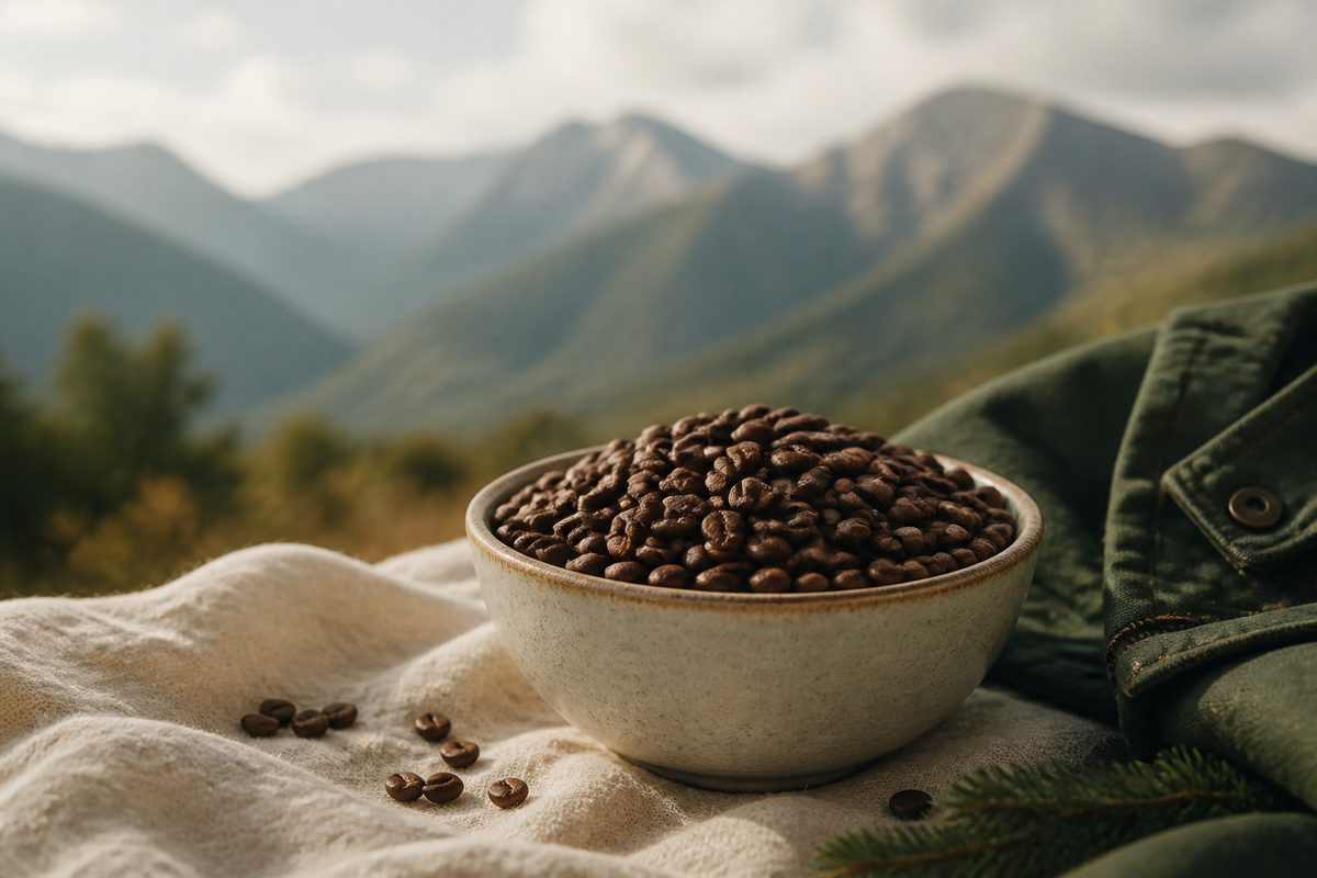 Bowl of dense coffee beans with soft mountain backdrop