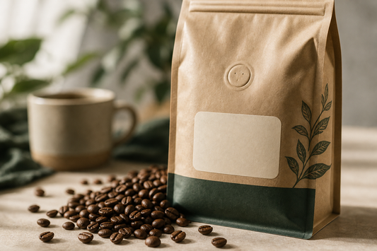 Kraft coffee bag with valve and roast-date sticker area beside spilled beans