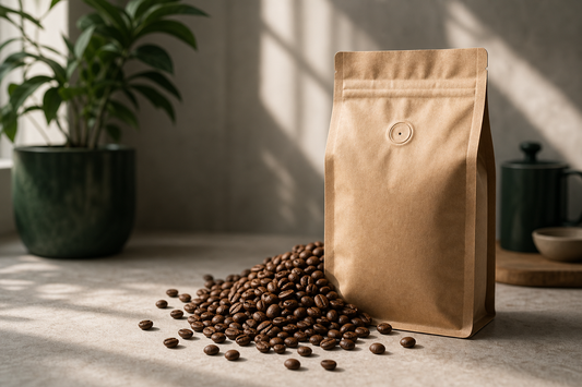 Coffee beans buying guide cover with whole beans beside a kraft valve bag