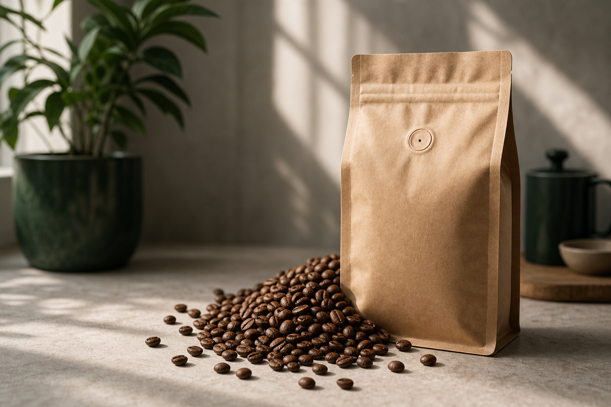Coffee beans buying guide cover with whole beans beside a kraft valve bag