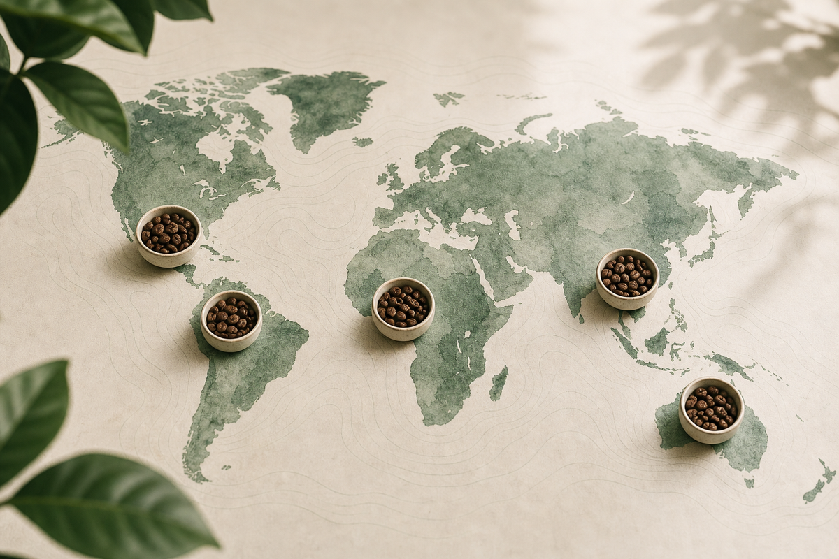 Bowls of coffee beans placed as origin markers on a cream table