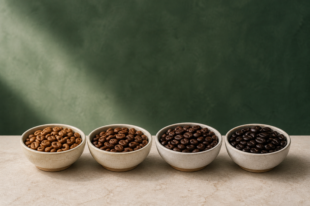 Four bowls of coffee beans arranged from light to dark roast
