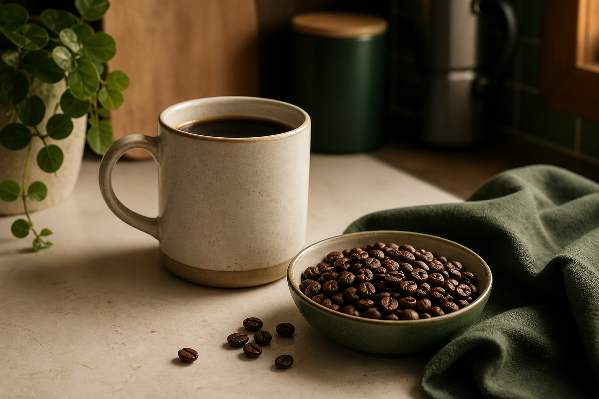 Evening kitchen scene with a mug of coffee and a bowl of decaf beans