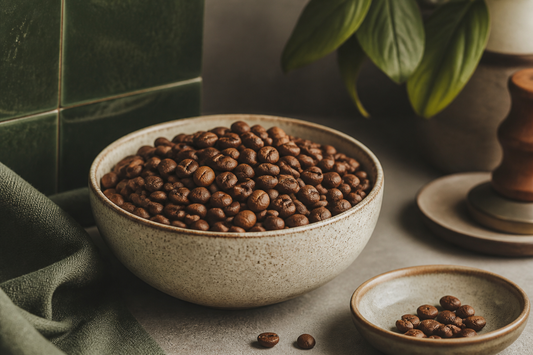 Ceramic bowl of mixed espresso blend coffee beans in soft cafe light