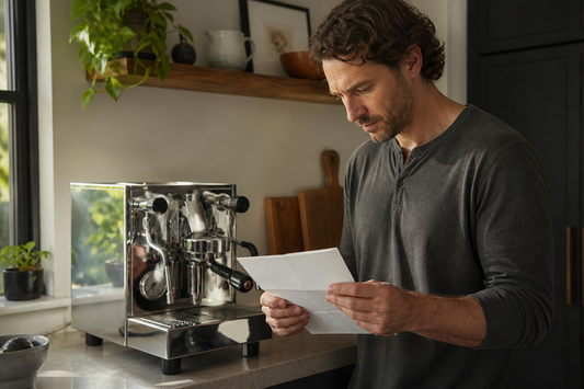 Espresso machine specification sheet beside a home espresso machine on a kitchen counter