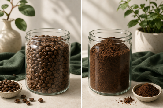 Whole coffee beans and pre-ground coffee in glass jars side by side
