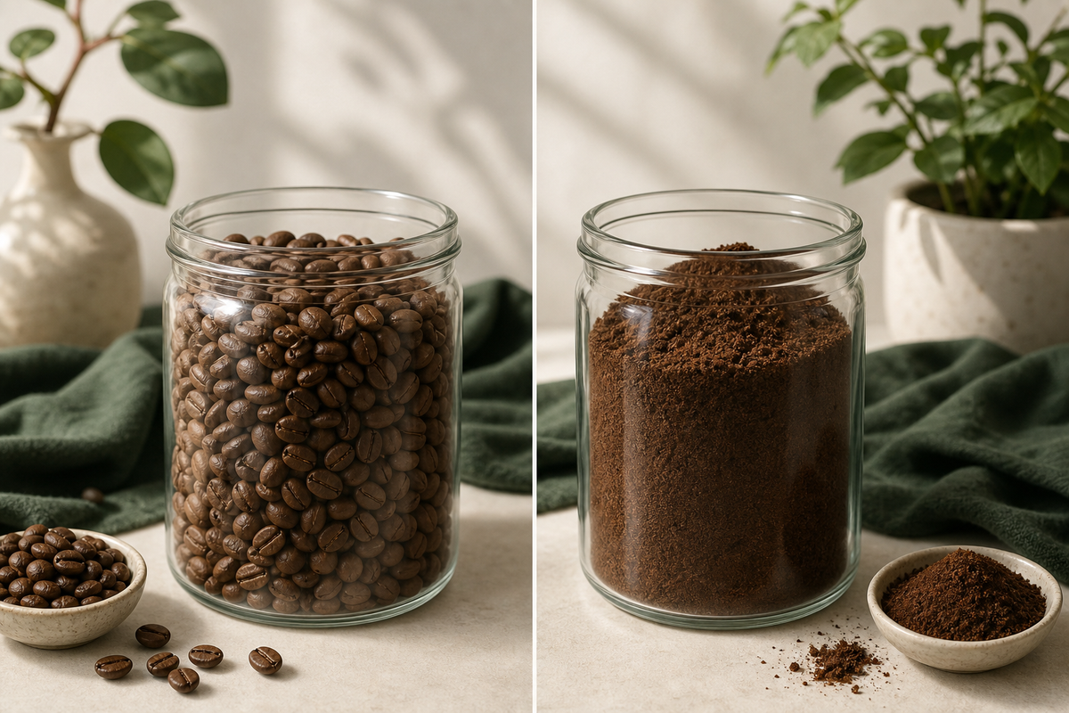 Whole coffee beans and pre-ground coffee in glass jars side by side