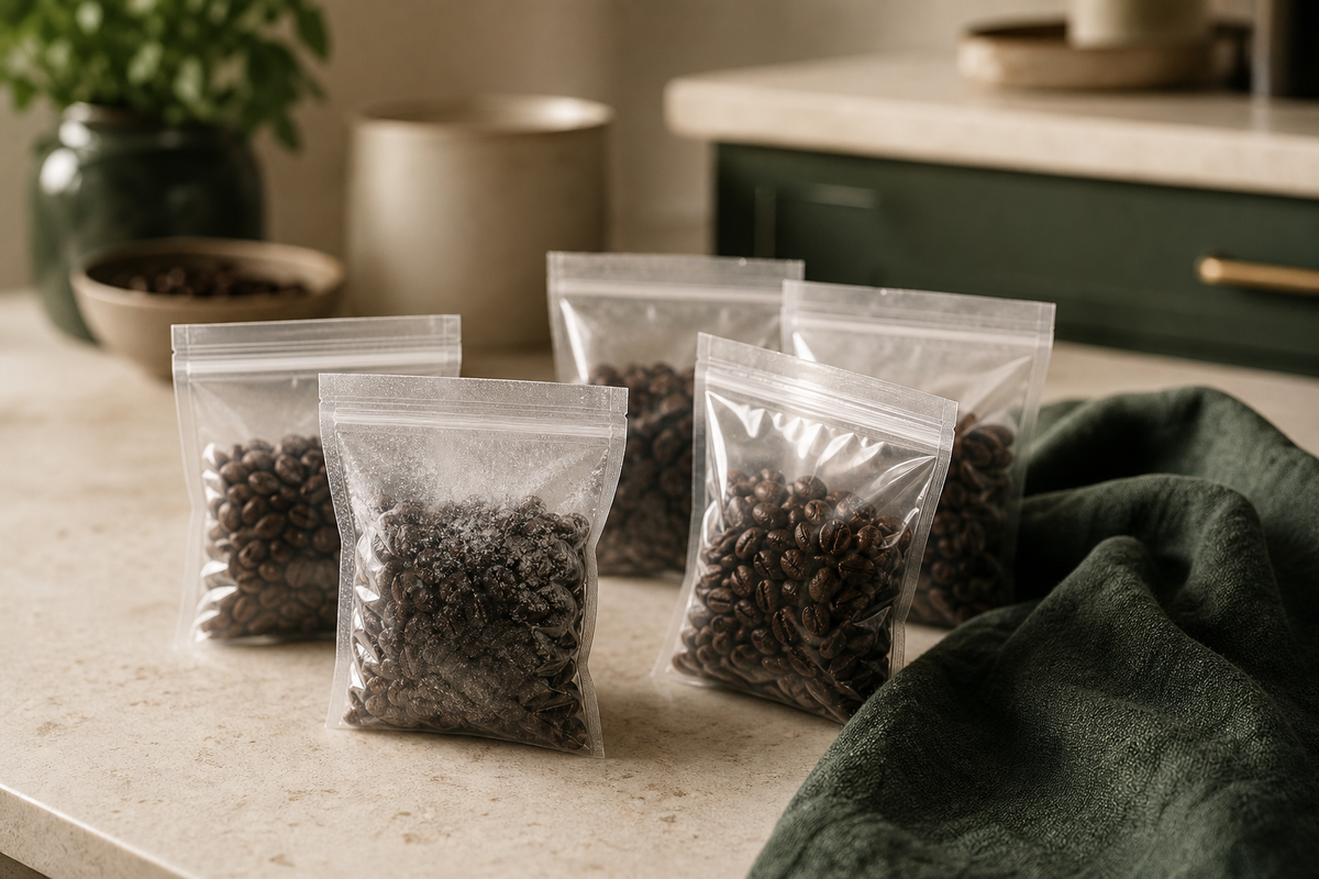 Airtight coffee bean portions prepared for freezer storage