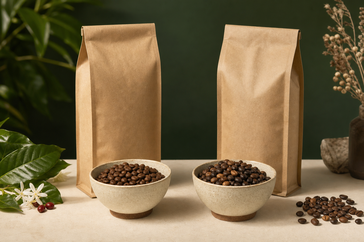 Two coffee bags and two bowls of beans suggesting single origin versus blend