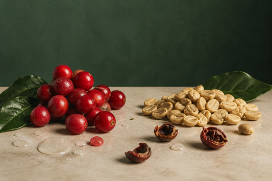 Coffee cherries and parchment beans still life for process comparison