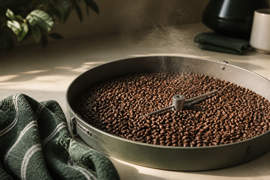 Fresh roasted coffee beans resting in a cooling tray on a cream counter